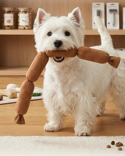 Cão branco a segurar um brinquedo de peluche comprido em forma de elos de salsicha