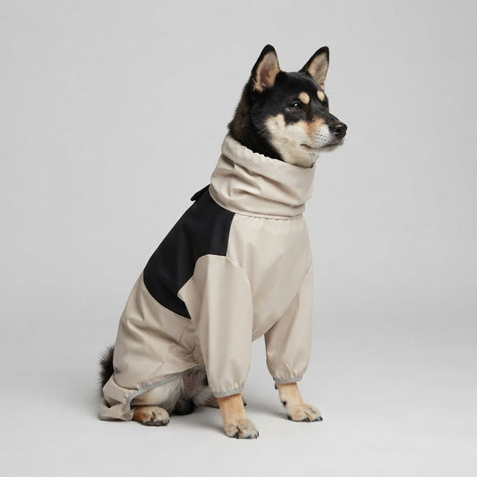 Shiba Inu wearing a beige and black waterproof four-leg dog raincoat outdoors