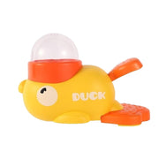 Side view of a yellow duck treat dispenser on a white background