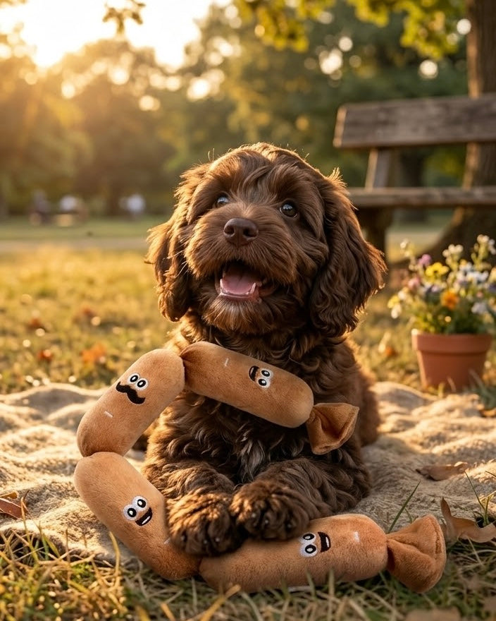 Curly-haired brown dog with a sausage-link plush toy outdoors