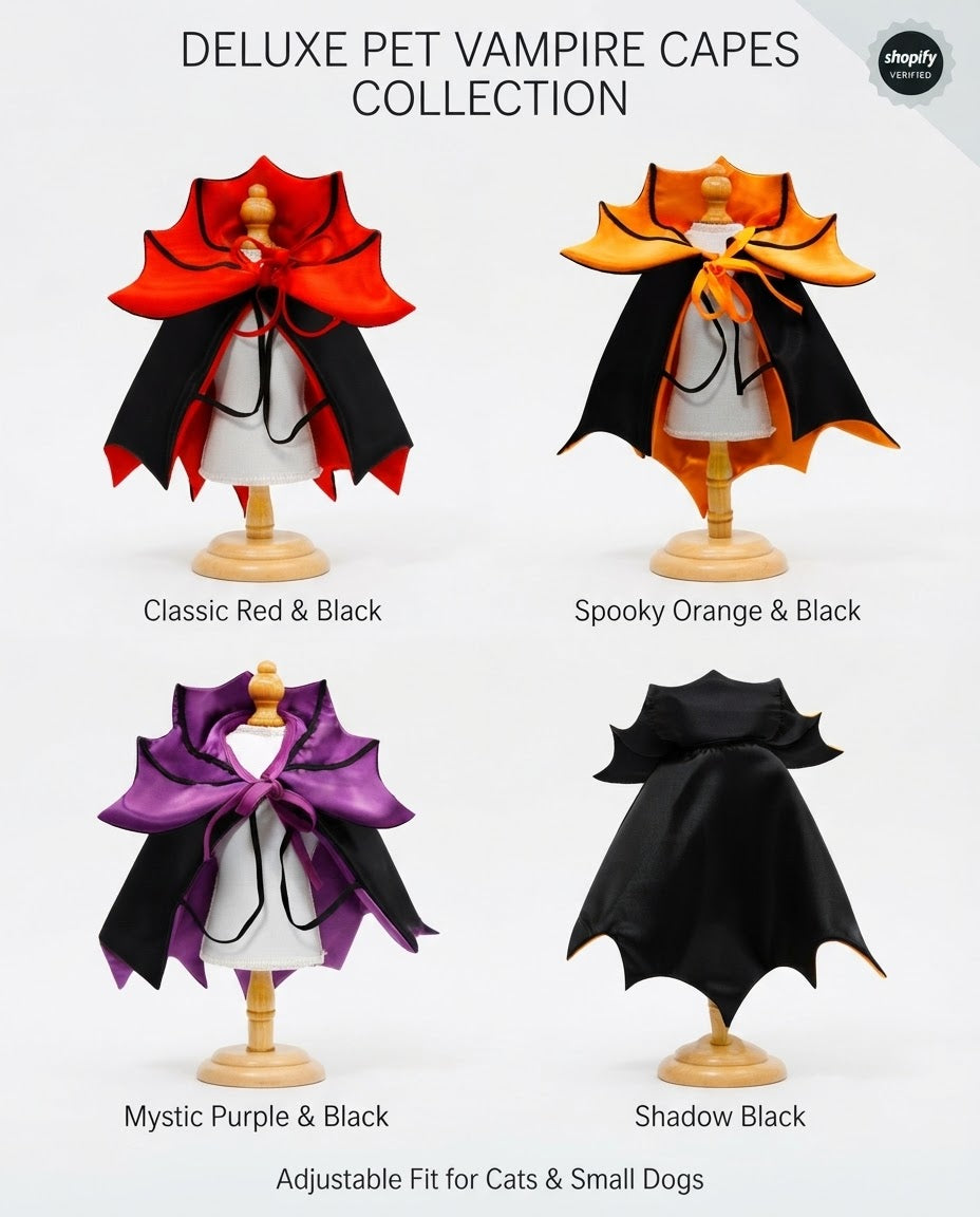 Halloween pet cape color comparison on display stands