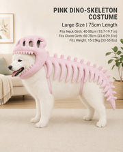 Side view of a larger dog in a pink dinosaur skeleton costume