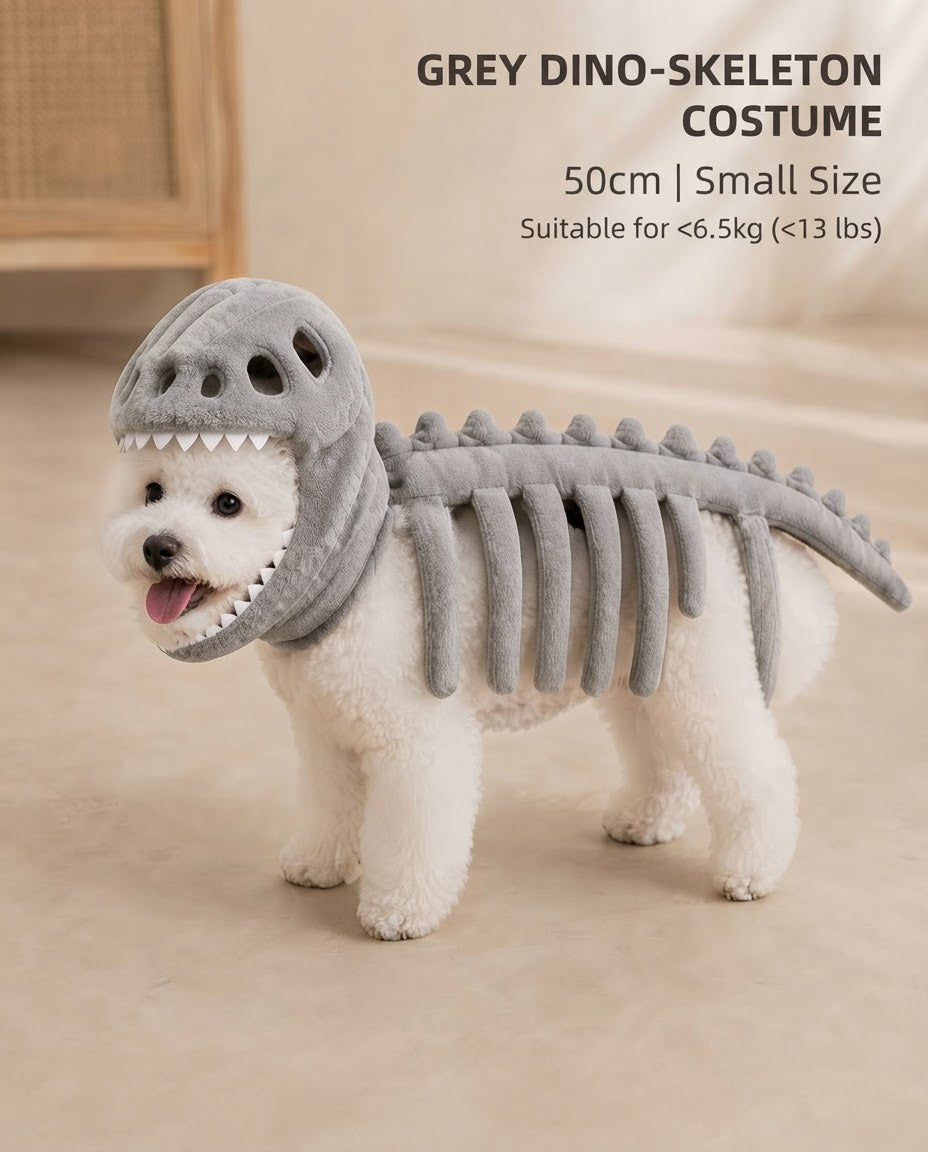 Small white dog wearing a gray dinosaur skeleton costume