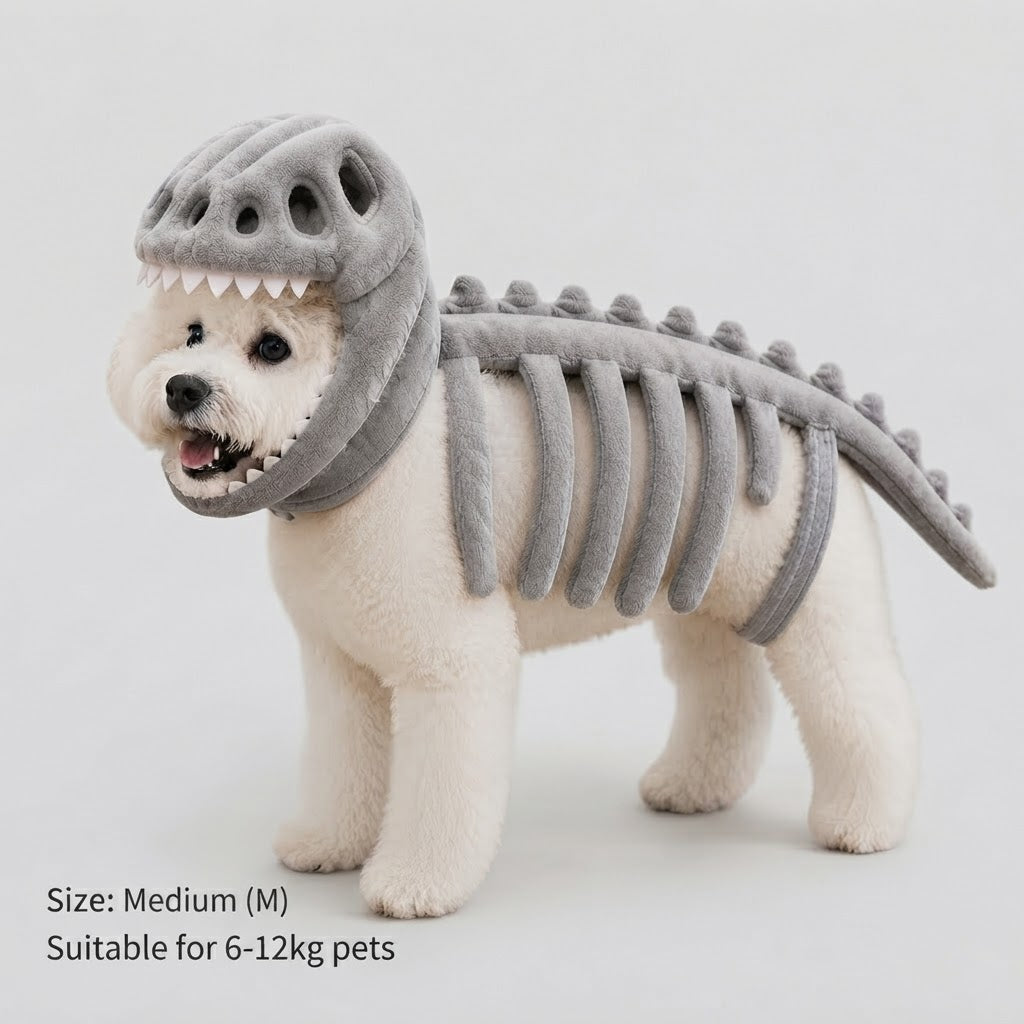 Small dog wearing a gray dinosaur skeleton costume, side view
