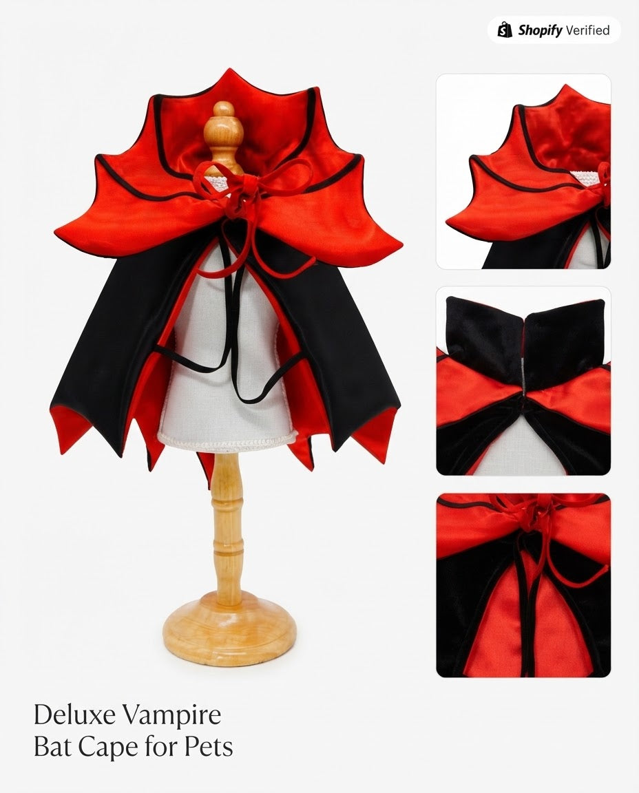 Red-and-black pet cape with close-up collar and tie details