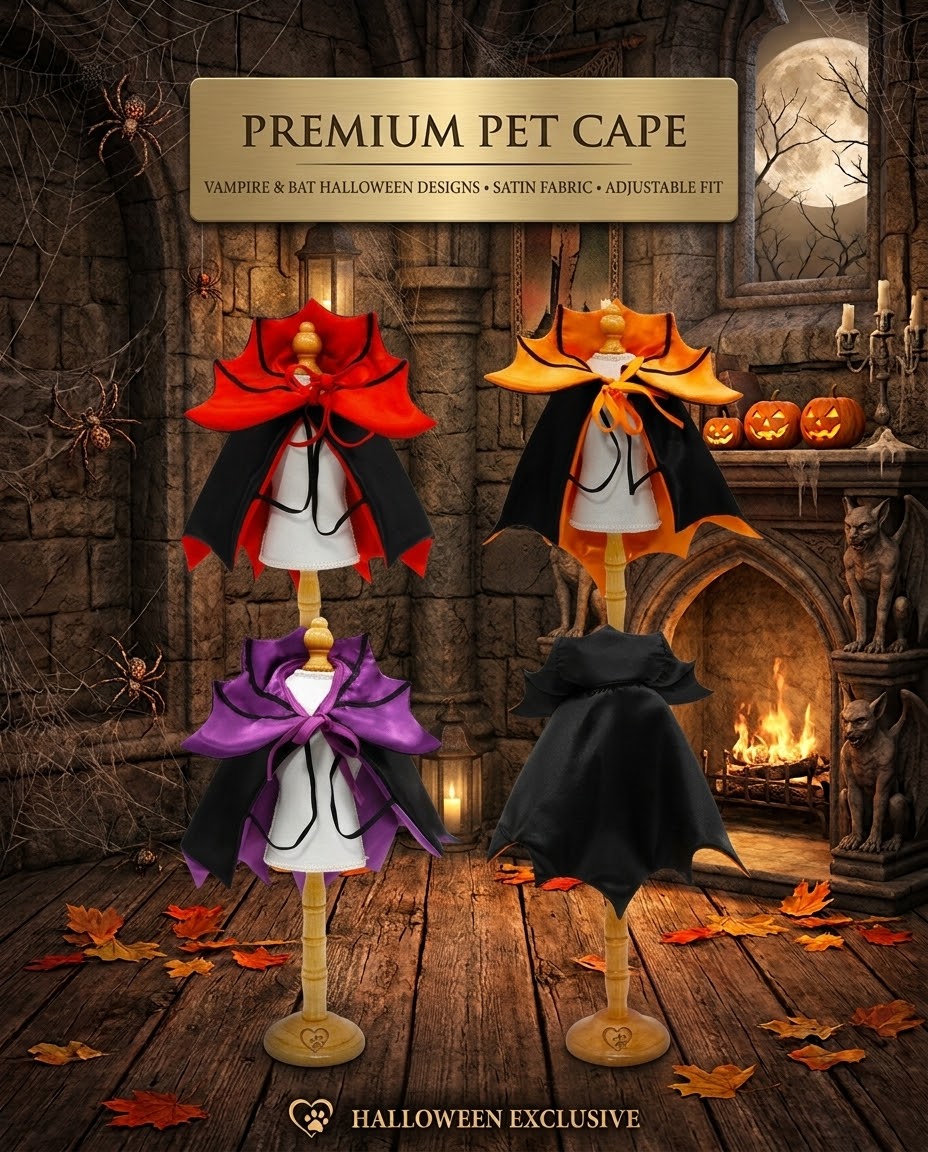 Halloween pet capes displayed in a decorated room
