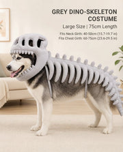 Gray dinosaur skeleton dog costume showing the skull and rib details
