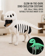 White dinosaur skeleton pet costume with a green glow-effect inset
