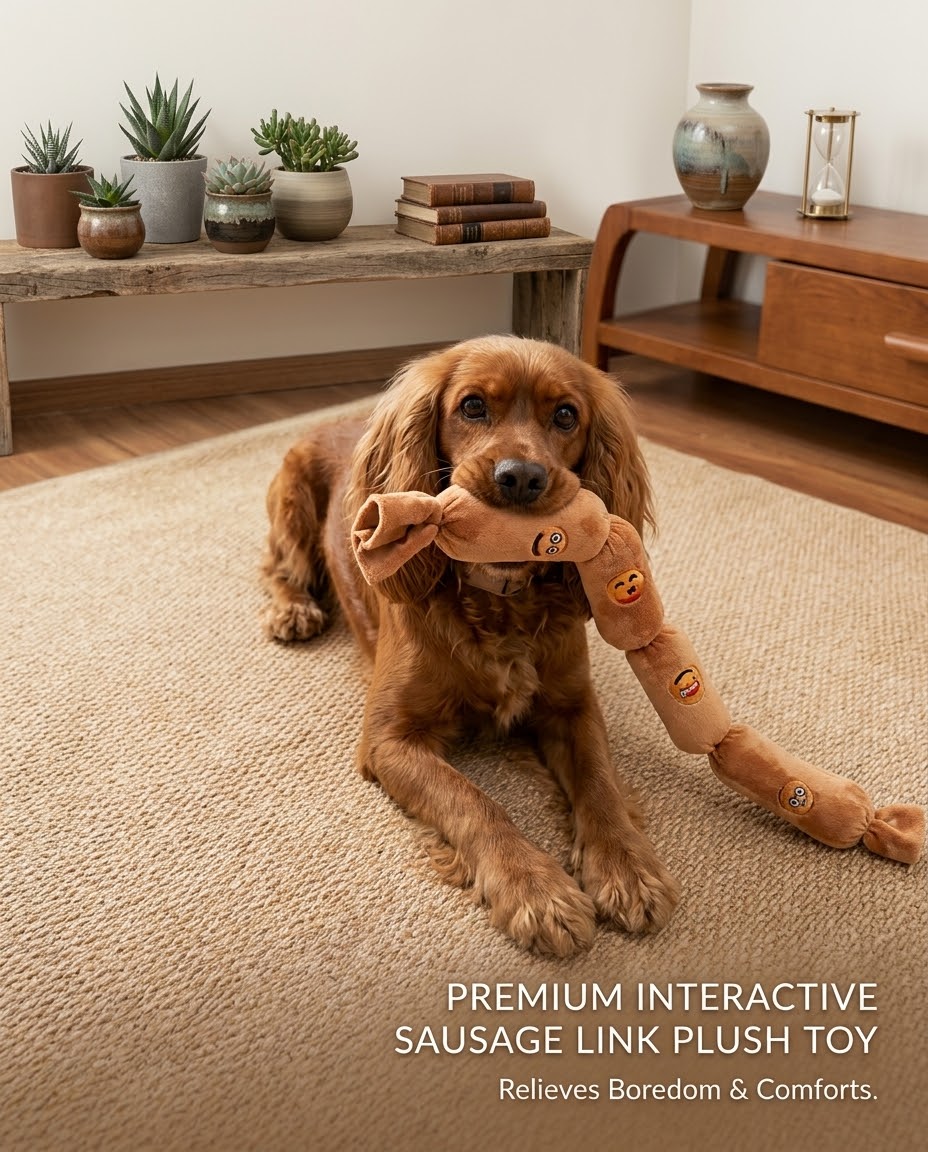 Brown dog holding a sausage-link plush toy indoors