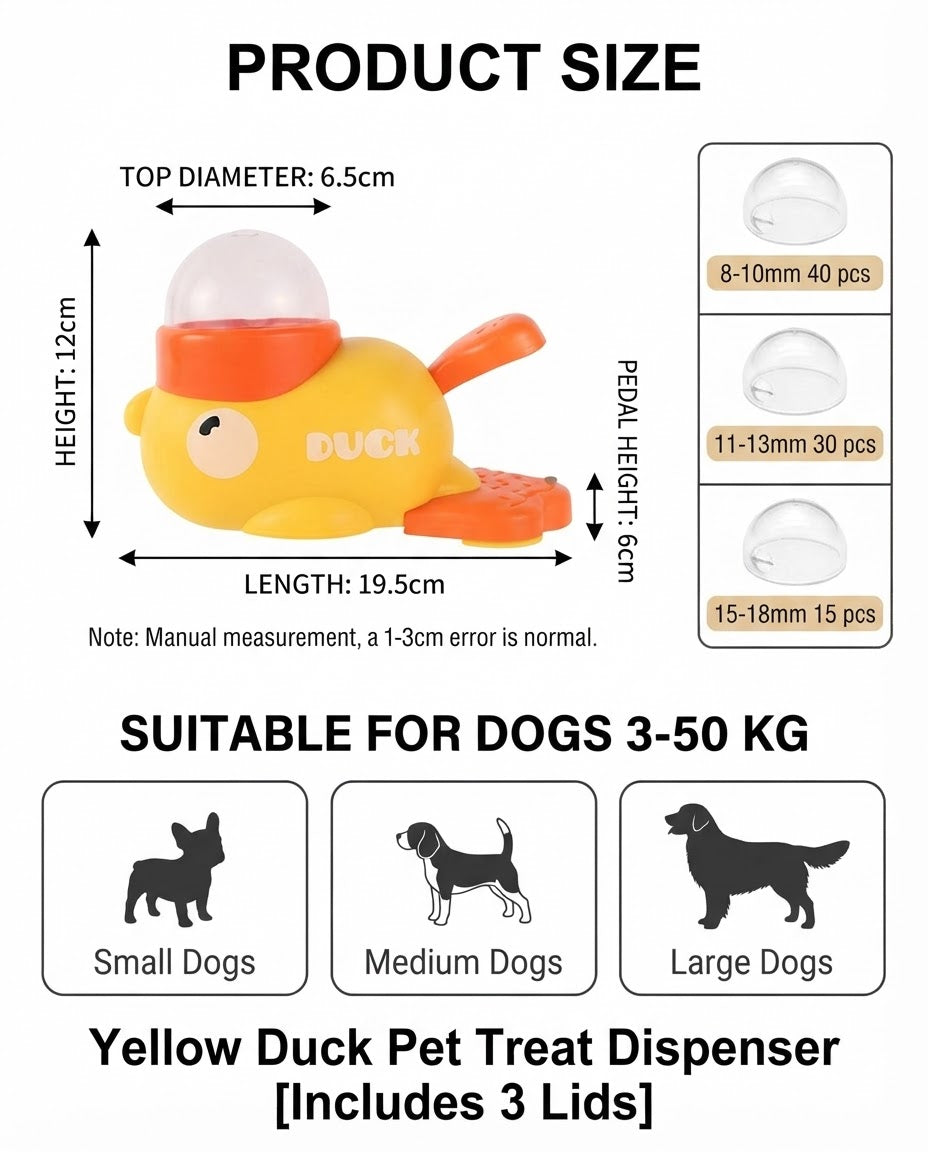 Duck treat dispenser diagram showing dimensions and three treat-opening covers