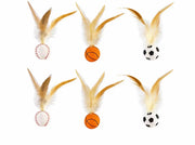 Six feather-topped cat balls in baseball, basketball and soccer designs