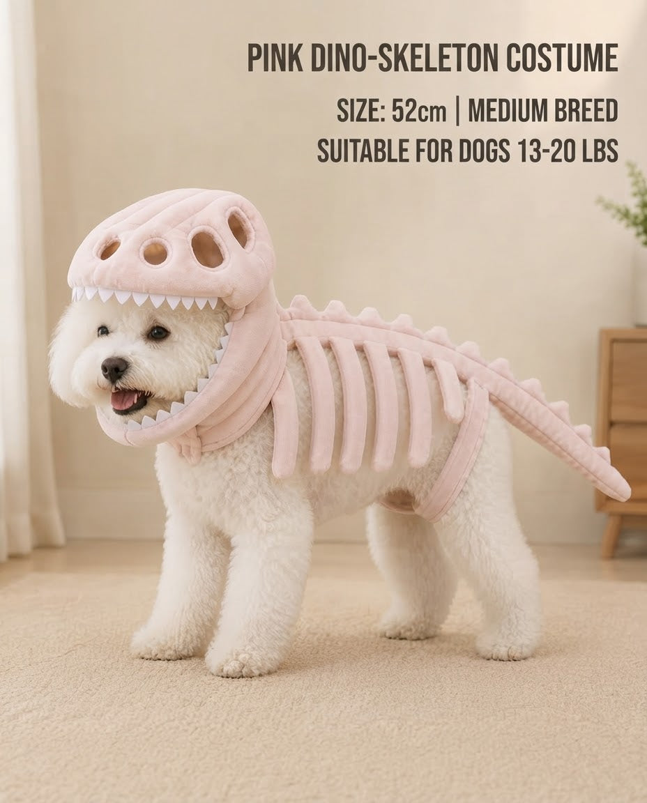 Small dog wearing a pink dinosaur skeleton costume