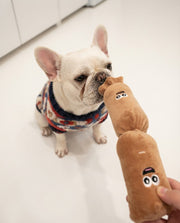 Dog playing tug with a brown sausage-link plush toy