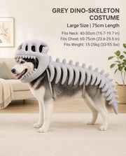 Side view of a dog wearing a gray dinosaur skeleton costume