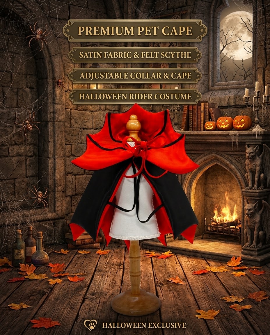 Red-and-black Halloween pet cape on a display stand