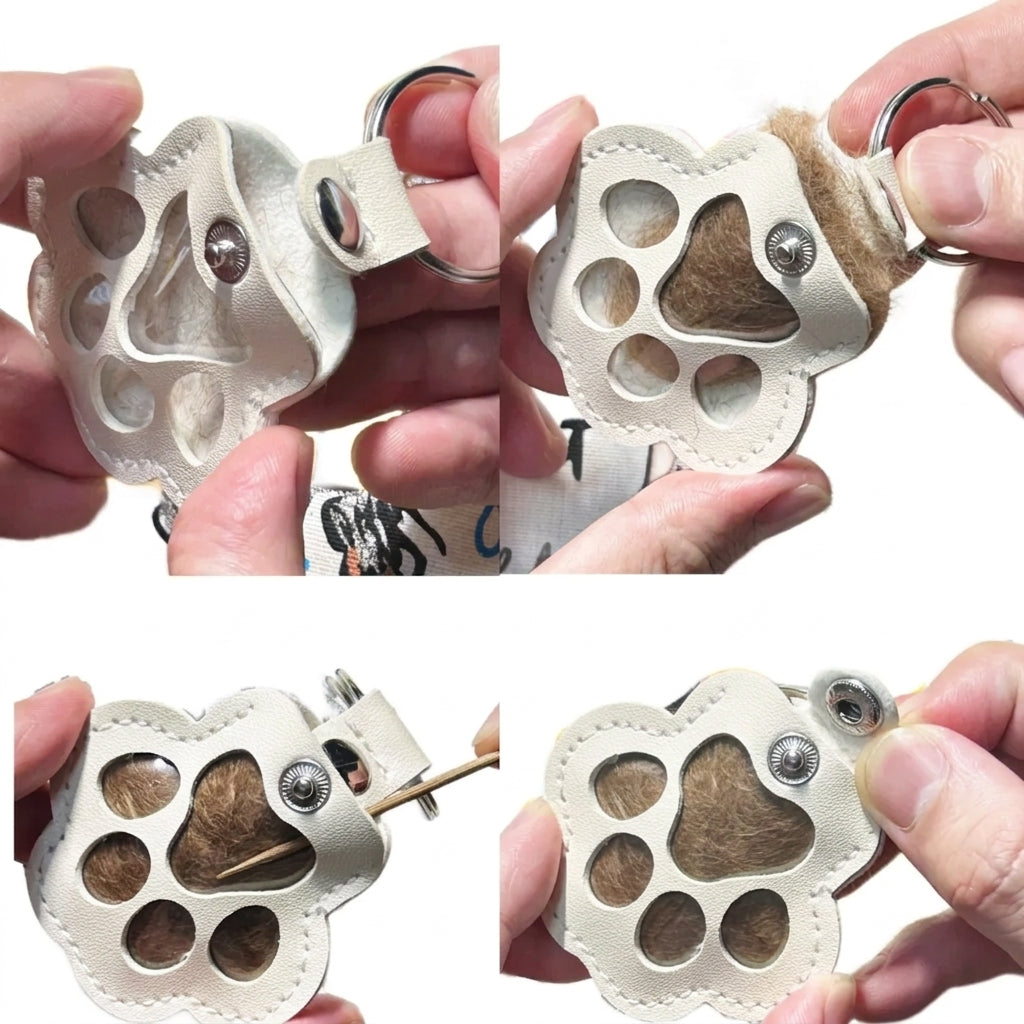 Close-up views of the clear fur compartment on a white paw keychain