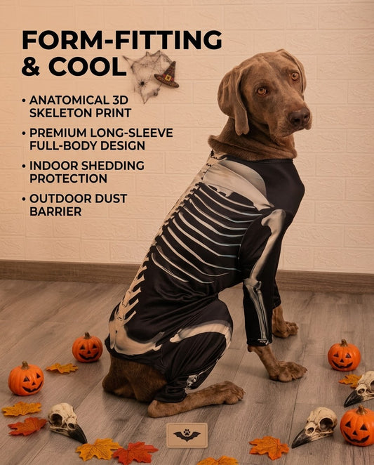 Seated dog wearing a black skeleton-print Halloween bodysuit