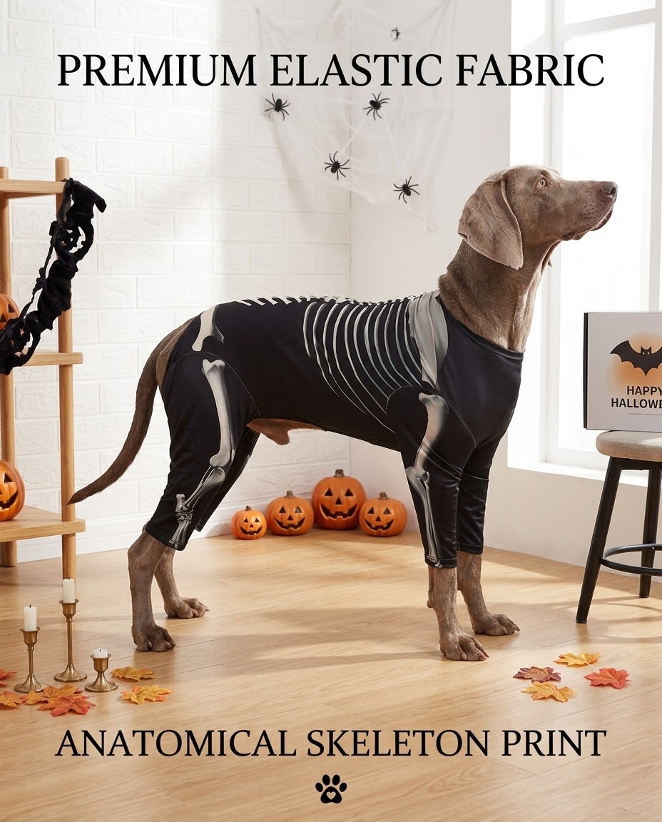 Standing dog in a black four-leg skeleton-print costume