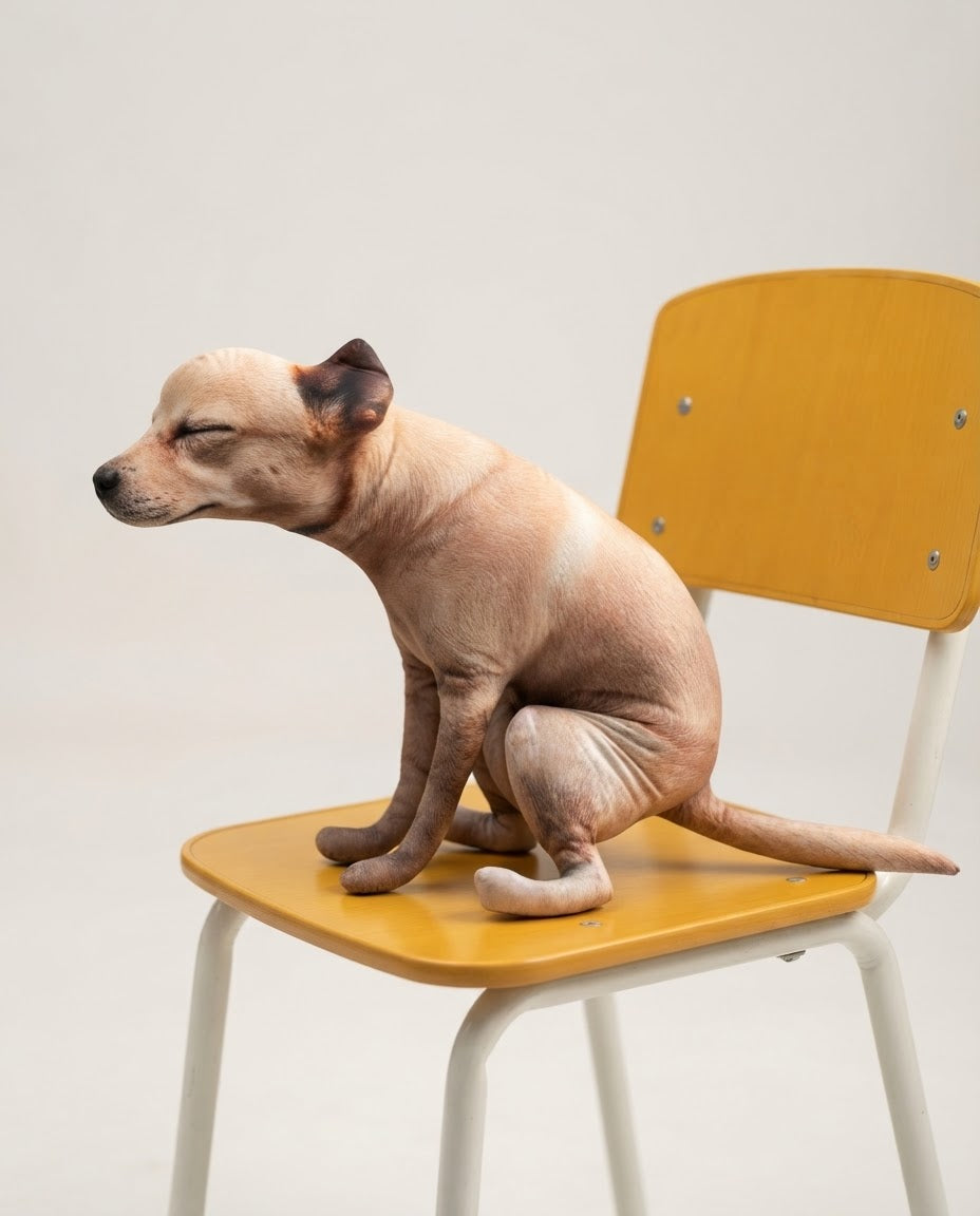 Squatting-dog plush ornament displayed on a yellow chair