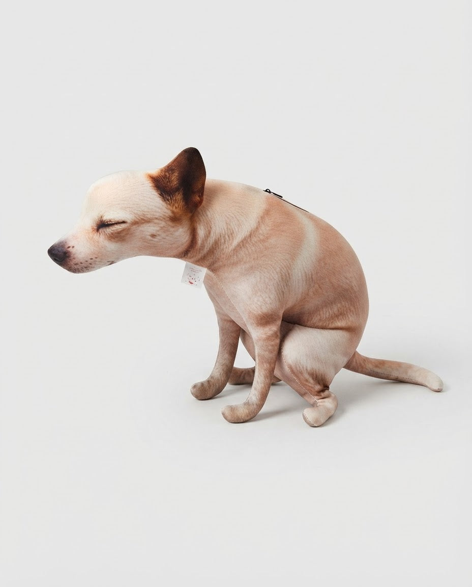 Side view of a squatting-dog plush ornament on a plain background