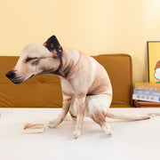 Squatting-dog plush ornament displayed on a table