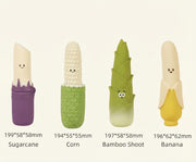 Sugarcane, corn, bamboo-shoot and banana dog toy designs with dimension labels