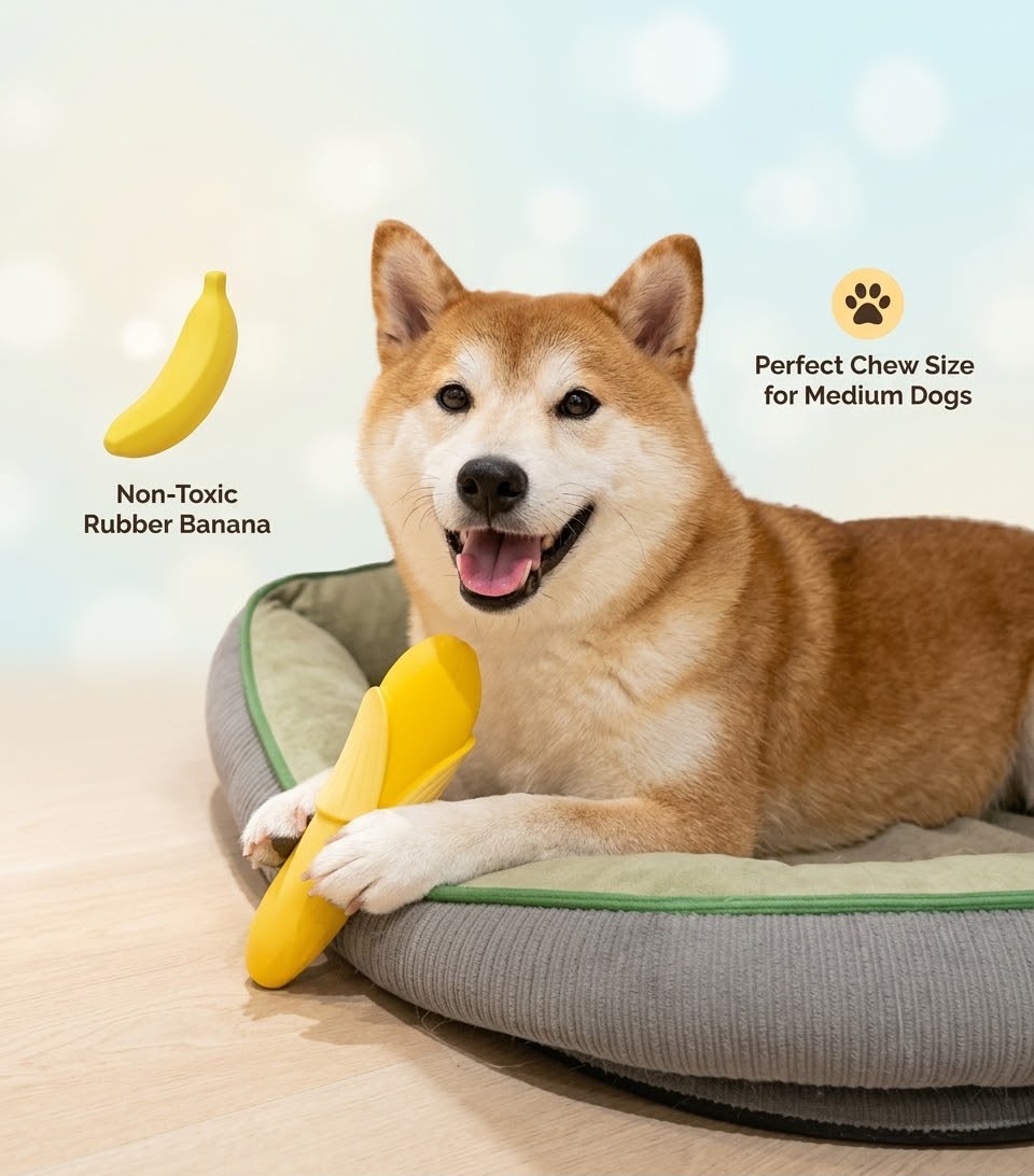 Dog beside a yellow banana-shaped dog toy