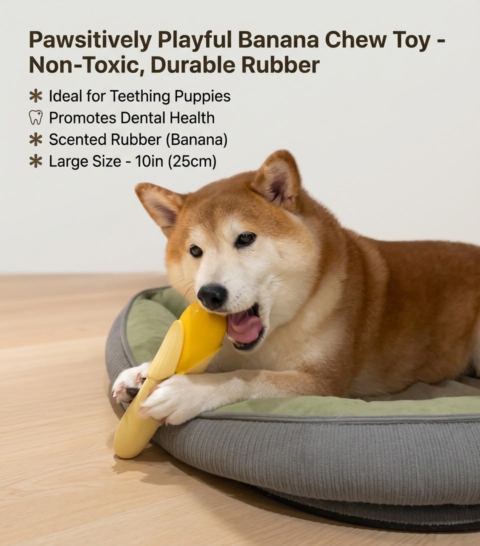 Dog holding a yellow banana-shaped toy on a pet bed