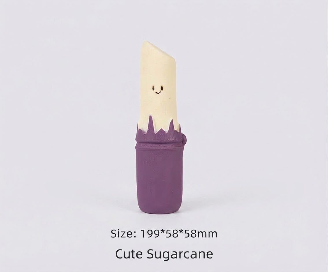 Purple sugarcane-shaped dog toy with dimension label