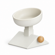 Off-white adjustable elevated pet bowl with a ceramic bowl and wooden height pin