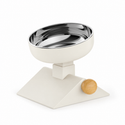 Off-white adjustable elevated pet bowl with a 304 stainless steel insert and wooden height pin