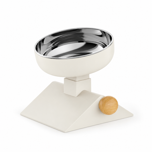 Off-white adjustable elevated pet bowl with a 304 stainless steel insert and wooden height pin