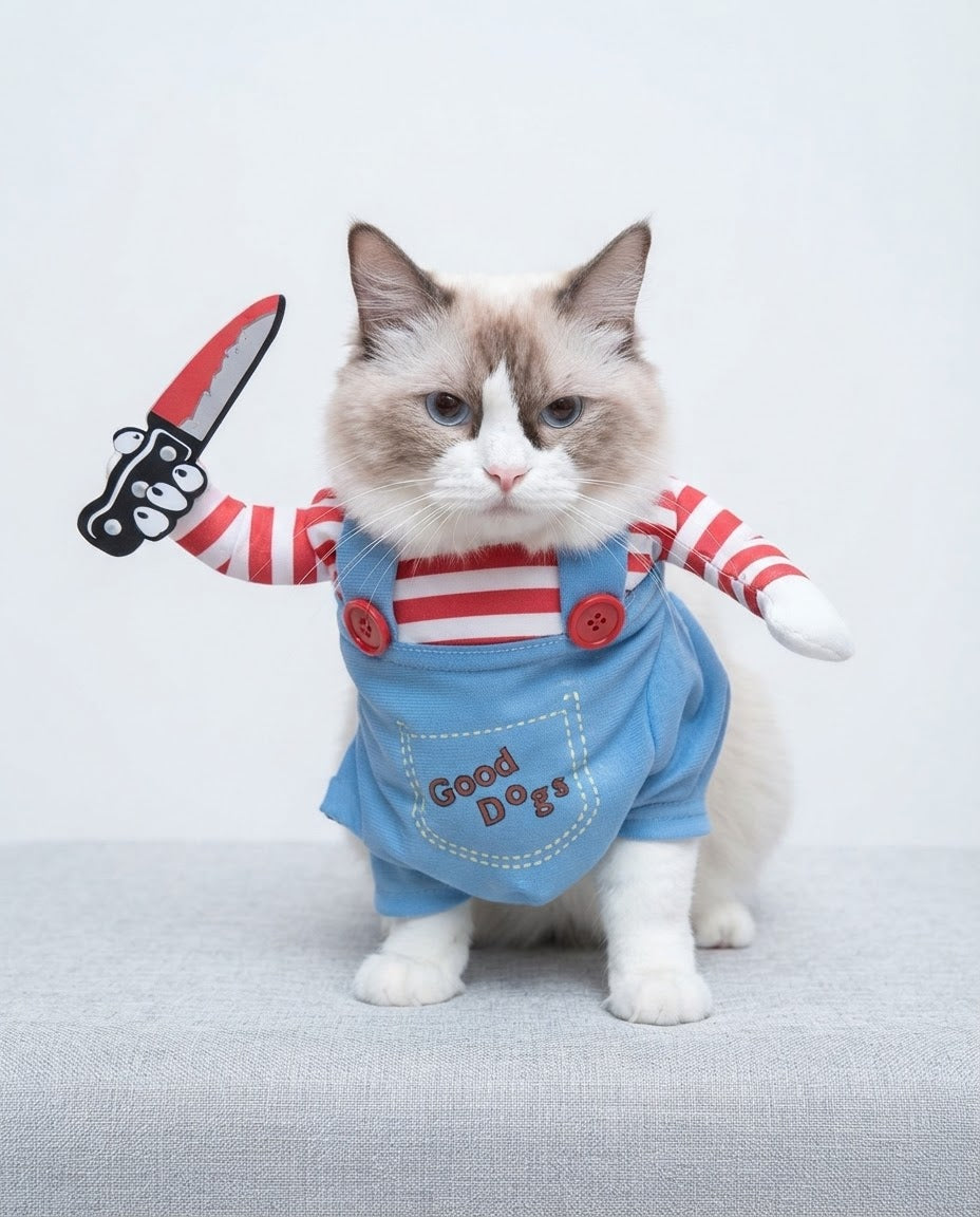 Gato vestido com um fato azul de boneca assassina