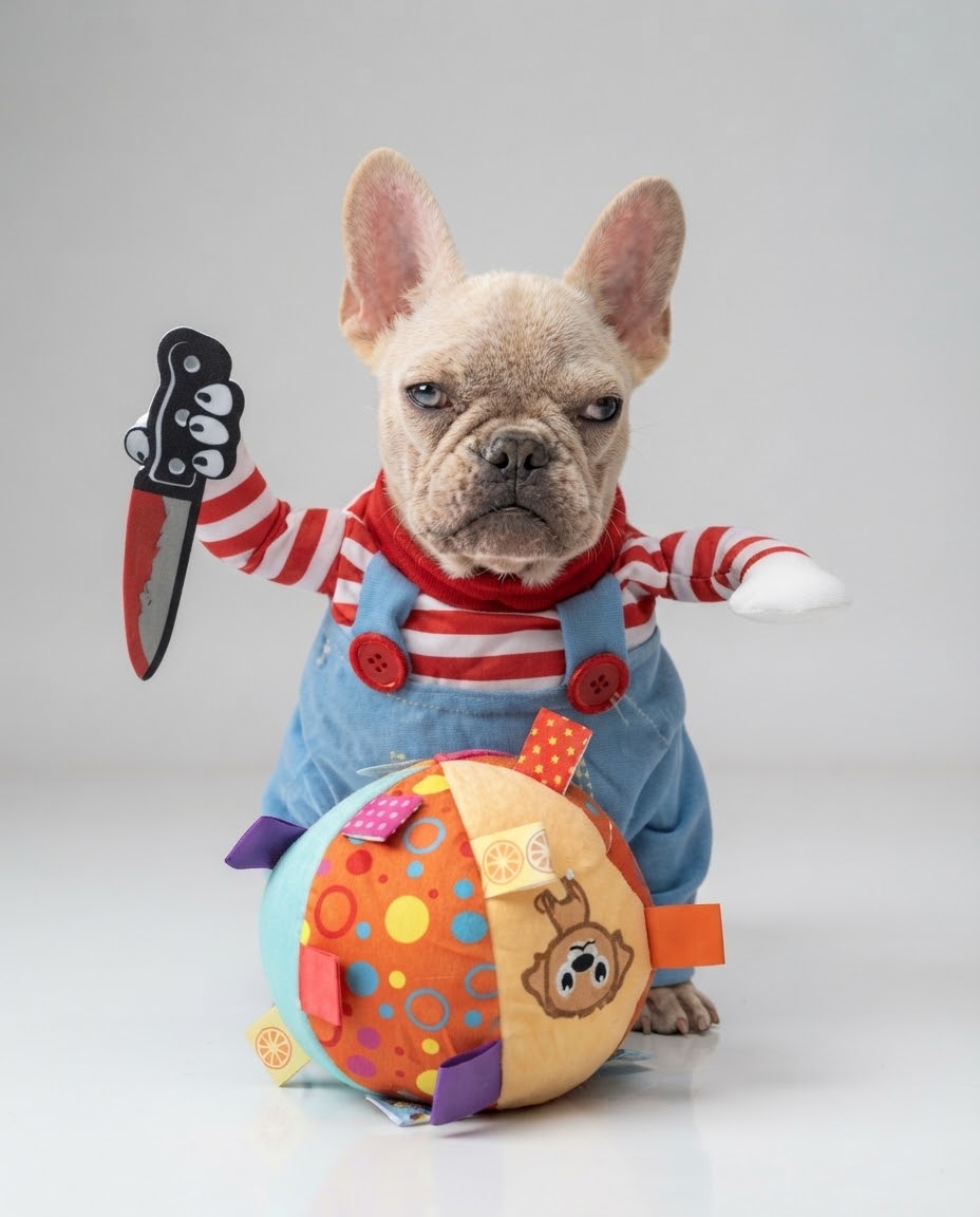 Bulldog francês vestido com um fato azul de boneca assassina