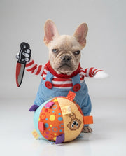 Bulldog francês vestido com um fato azul de boneca assassina