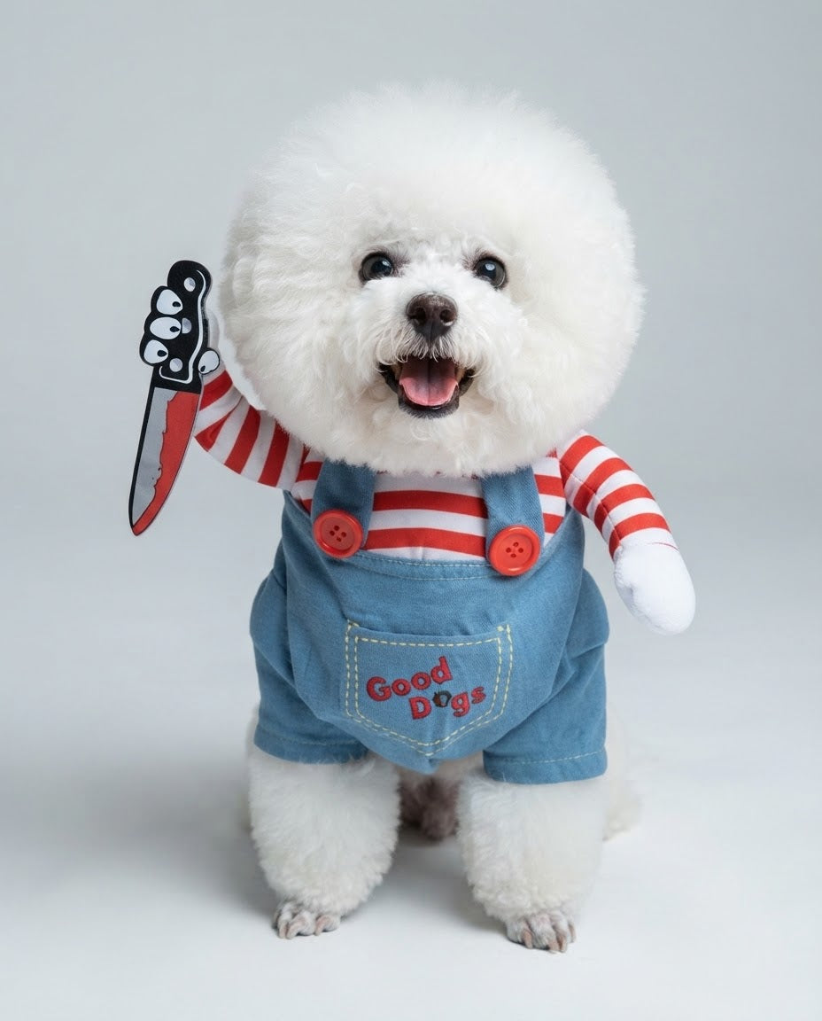 Cão pequeno vestido com um fato de Halloween de boneca assassina