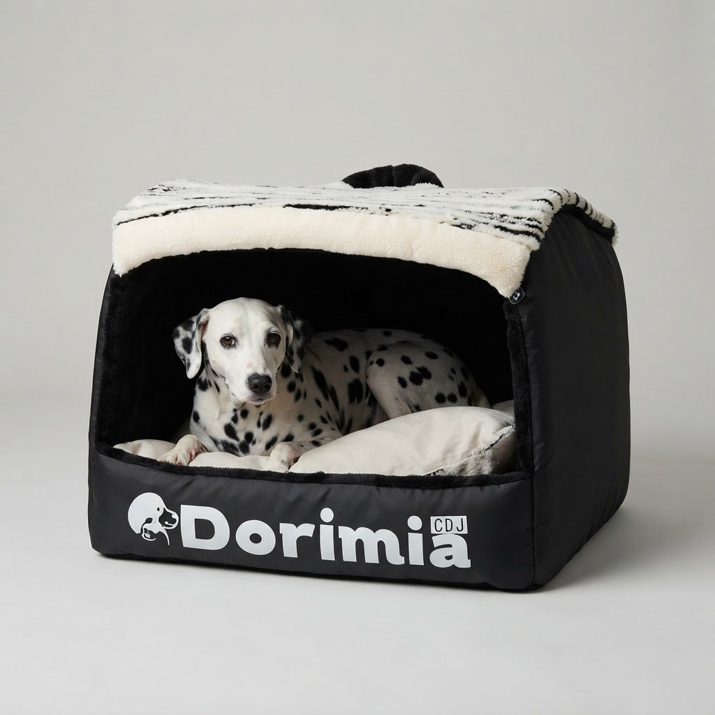 Dalmatian resting inside an enclosed black dog bed with plush cushion