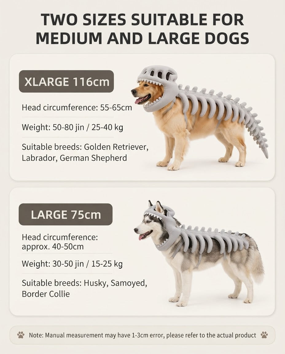 Dinosaur skeleton dog costume large and extra-large size guide