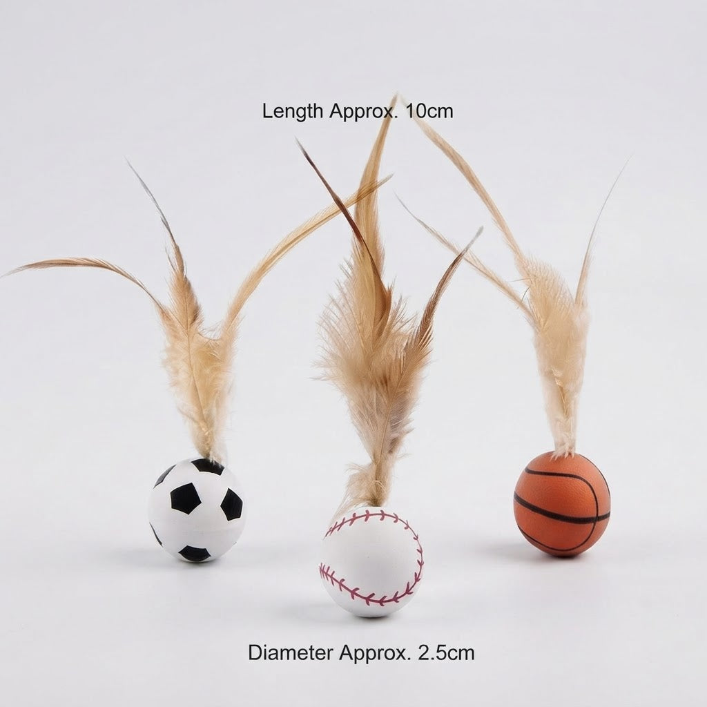 Feather cat toy dimensions with 2.5 cm ball and 10 cm total product length