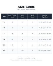 Size guide for fleece-lined winter dog hoodie showing back length, chest, neck, and recommended weight for sizes S to 3XL
