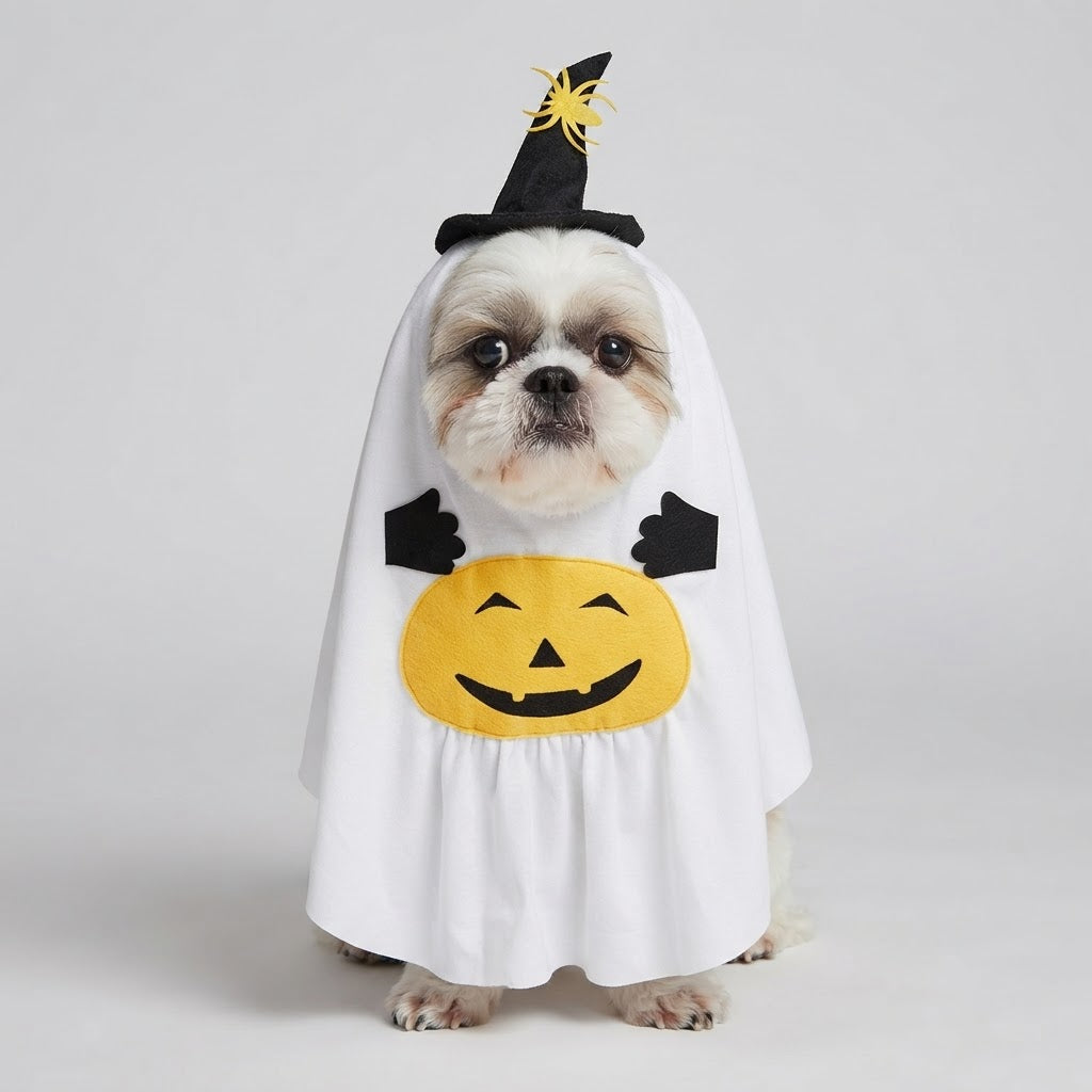 Petit chien blanc portant un costume d'Halloween citrouille fantôme avec un chapeau de sorcière