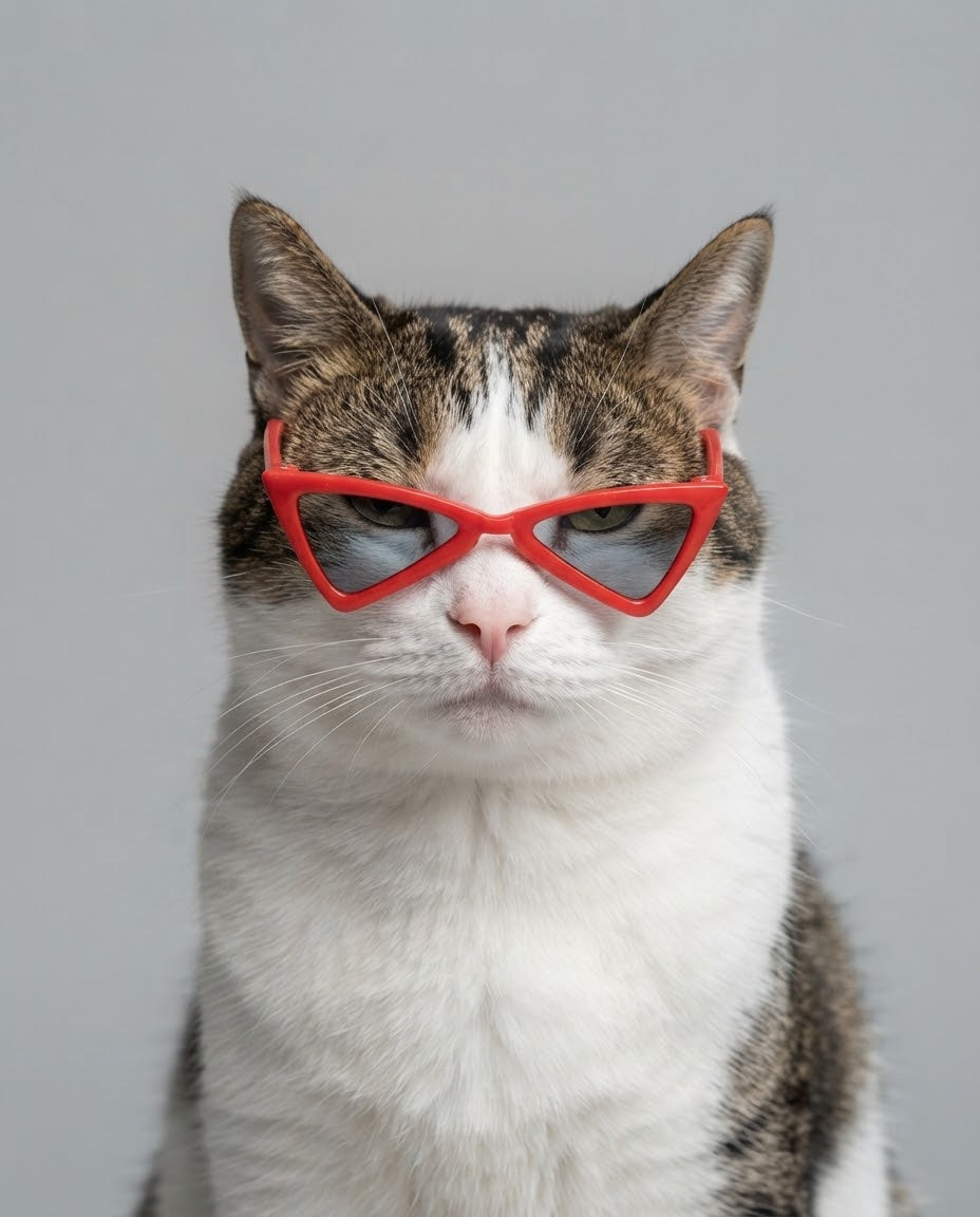Cat wearing red cat-eye sunglasses as a pet fashion photo prop