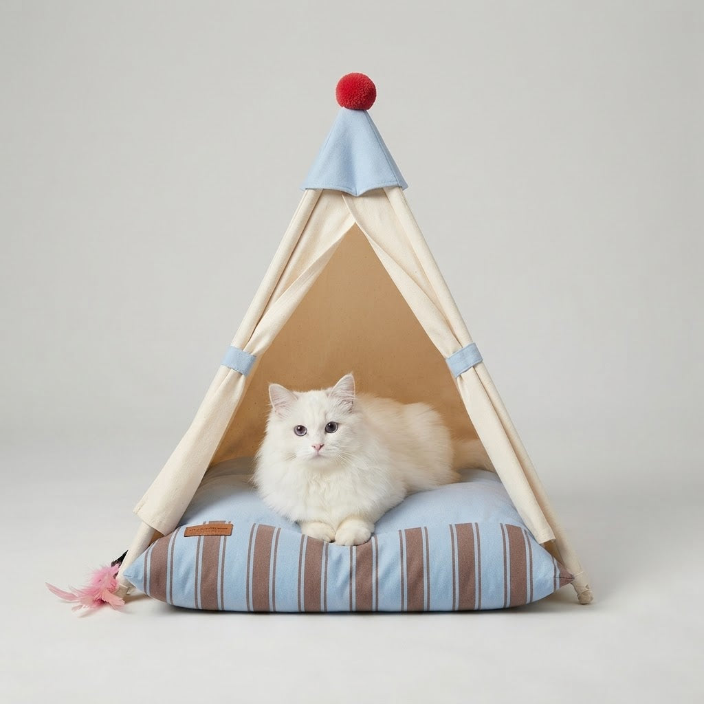 White cat resting inside a beige pet tent bed with blue striped cushion