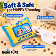 Pull and Sniff tissue box snuffle dog toy with treat-hiding fabric strip