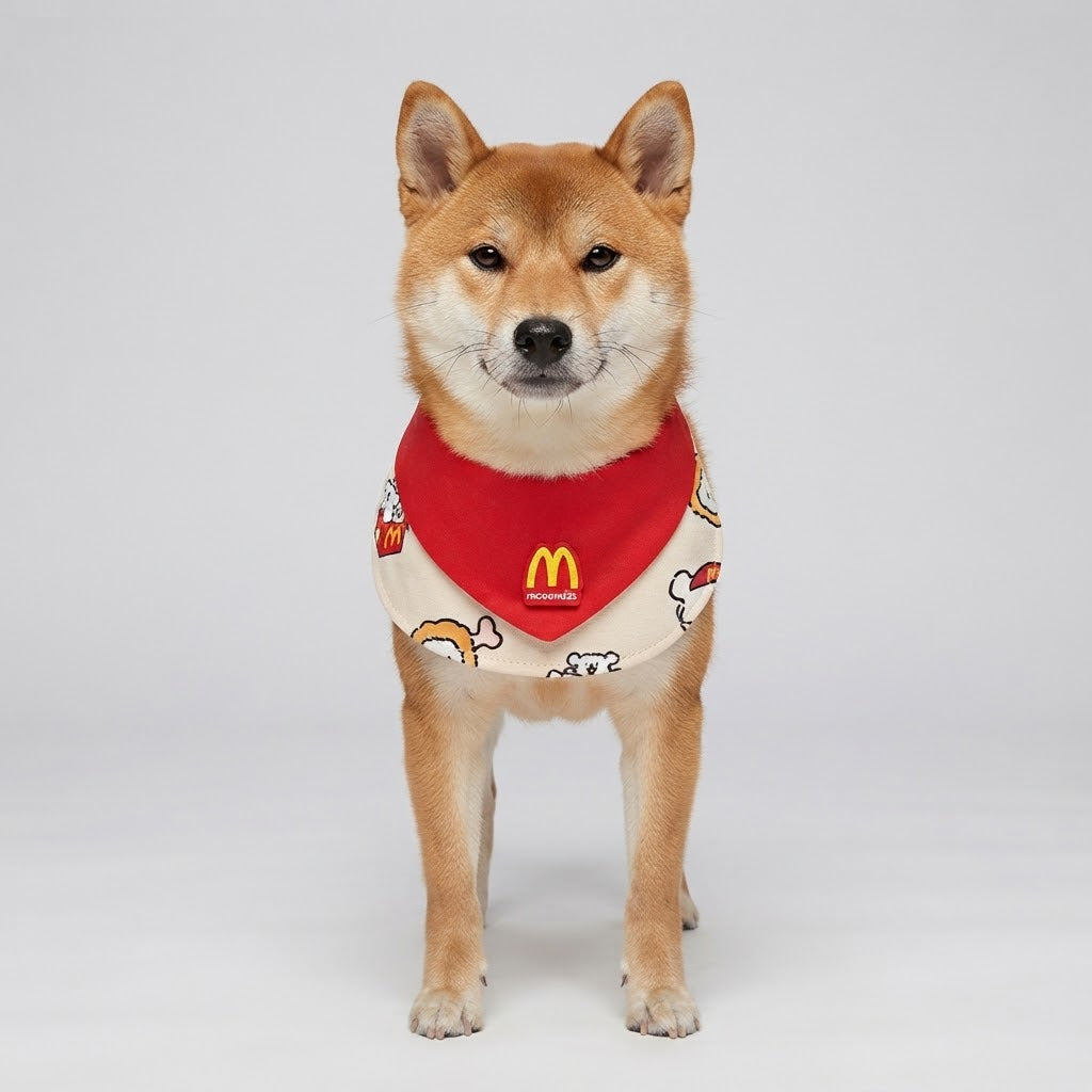 一隻柴犬佩戴著紅奶油色食物印花狗用三角巾圍兜