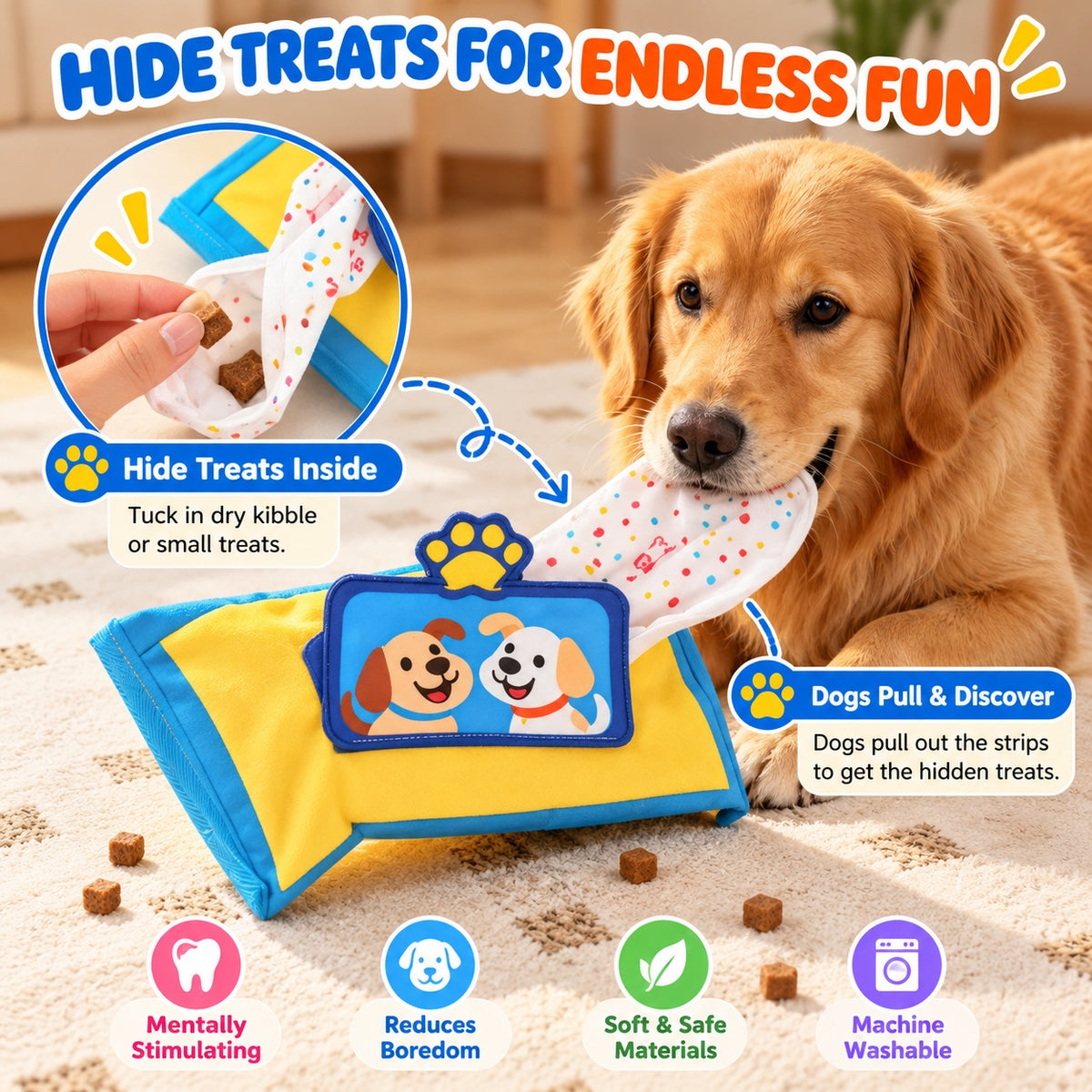 Golden retriever pulling treat-hiding strip from interactive tissue box dog toy