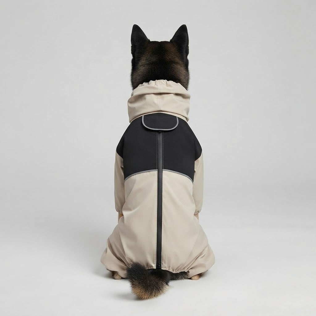 Rear view of a beige and black waterproof four-leg dog raincoat