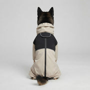 Rear view of a beige and black waterproof four-leg dog raincoat