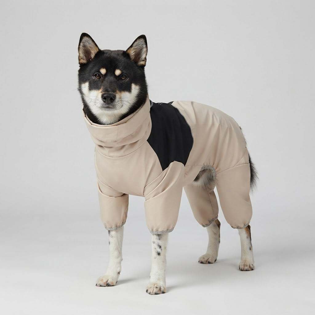 Medium dog standing in a beige and black four-leg waterproof raincoat