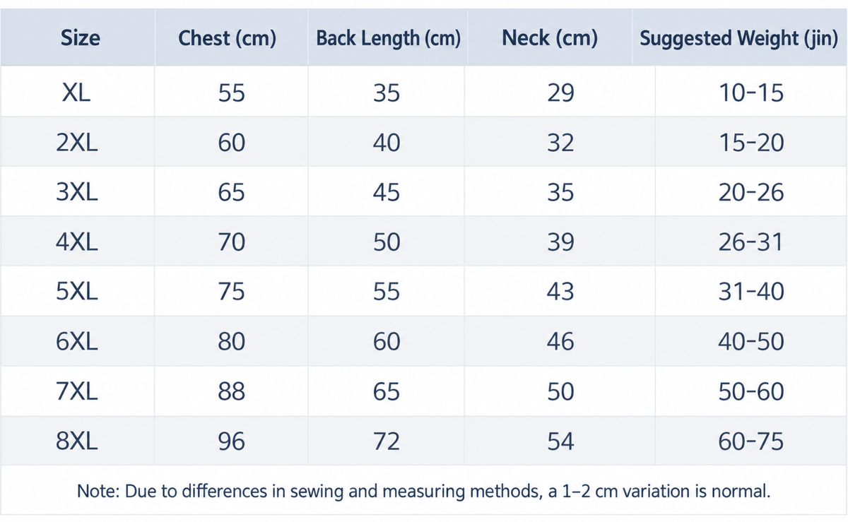 English size chart for waterproof four-leg dog raincoat, sizes XL to 8XL